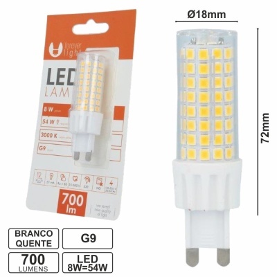 LÂMPADA G9 8W=54W 230V BRANCO QUENTE 700LM