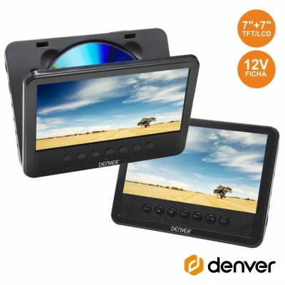 Dois monitores portáteis para carro Denver de 7 polegadas, um com leitor de CD/DVD e outro sem, em preto com ecrã mostrando paisagem com céu azul e árvore