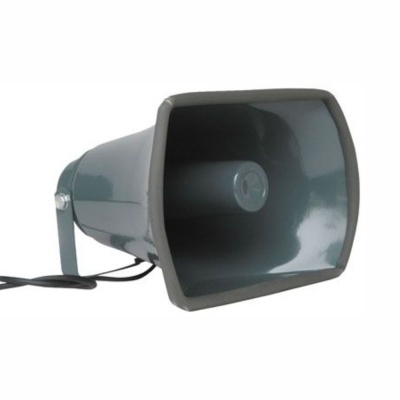 Coluna de som cinza com suporte e cabo