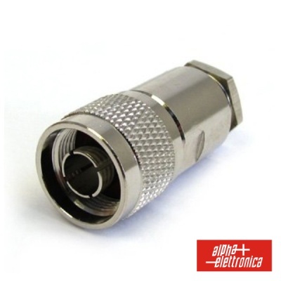 Conector coaxial metálico prateado com textura de aperto e logótipo alpha elettronica