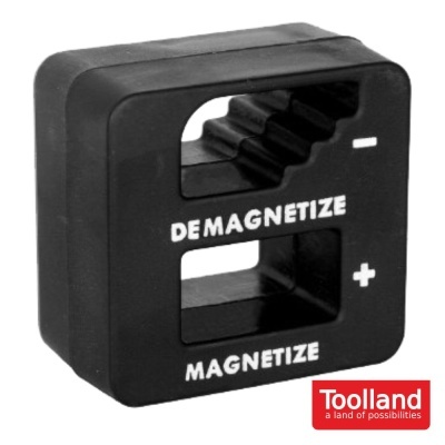 Ferramenta para magnetizar e desmagnetizar preta quadrada com texto e logótipo Toolland