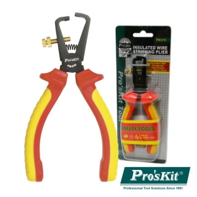 Alicate descarnador de fios isolados Pro'sKit vermelho e amarelo com embalagem