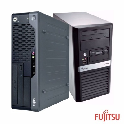 Dois computadores de secretária Fujitsu em cinzento e preto