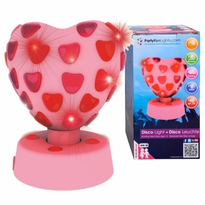Lâmpada disco em forma de coração rosa com corações vermelhos e luzes LED acesas junto à caixa