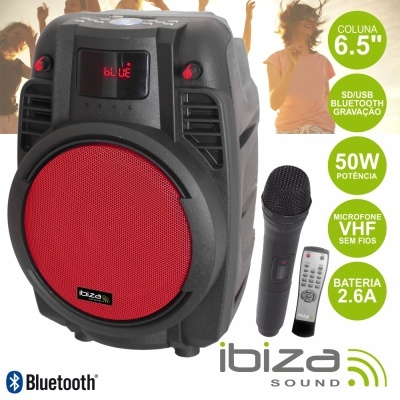 Coluna portátil preta e vermelha, microfone, comando e informações técnicas