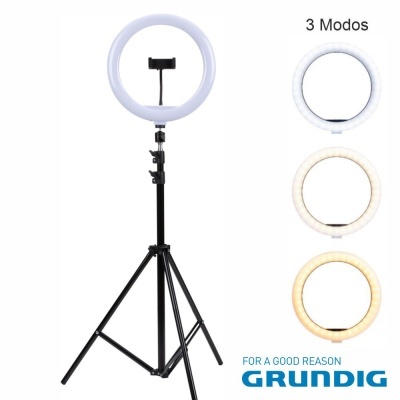 Anel de luz LED branco com tripé preto e suporte para telemóvel