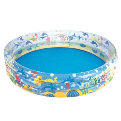 Piscina insuflável redonda com decorações oceânicas coloridas