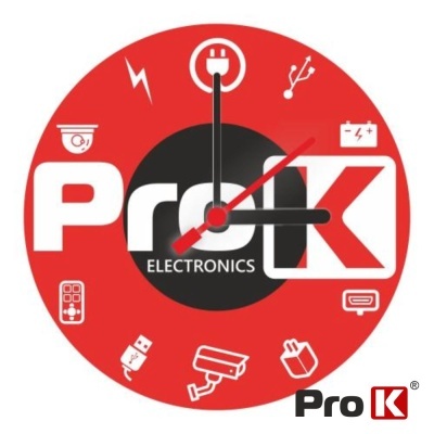 Relógio de parede vermelho e preto com logo ProK e ícones eletrónicos
