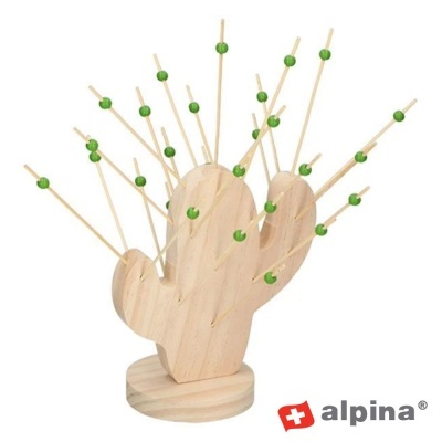 Suporte de madeira em forma de cacto com varetas e pequenas bolas verdes