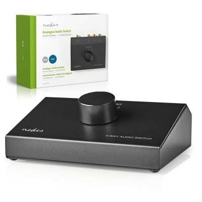 Interruptor de áudio analógico preto Nedis com botão rotativo e embalagem