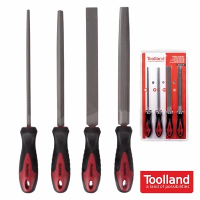 Conjunto de quatro limas metálicas com cabos preto e vermelho e embalagem Toolland