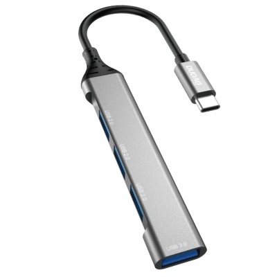 Hub USB metálico cinzento com conetor USB-C e três portas USB 3.0 azuis