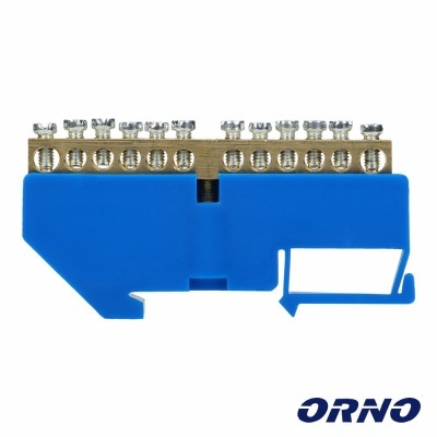 Barra de distribuição elétrica com capa azul e conexões metálicas