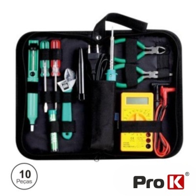 Conjunto de ferramentas elétricas Pro K com 10 peças numa bolsa preta