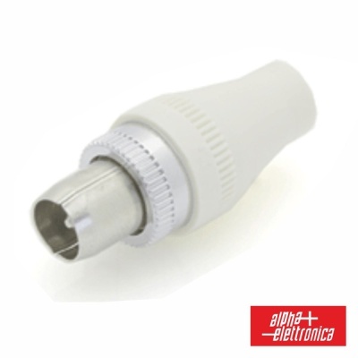 Conector coaxial de TV branco com terminal metálico e anel de aperto, fundo branco, logo Alpha Elettronica.