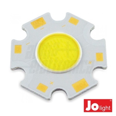 Chip LED branco hexagonal com centro amarelo e logótipo Jo light