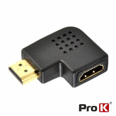 Adaptador HDMI preto em ângulo direito com conetores dourados e logo Pro K