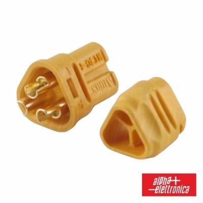 Conector amarelo de plástico com pinos metálicos