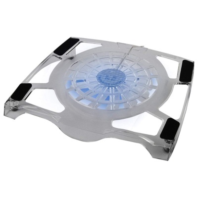 Suporte plástico transparente para portátil com base azul e almofadas pretas nos cantos