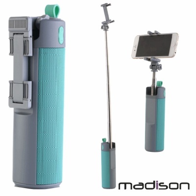 Suporte de telemóvel e coluna portátil cinzento e verde-água Madison com sistema telescópico