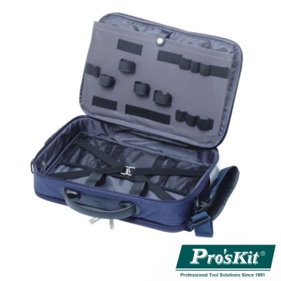 Mala azul de tecido com interior cinzento para ferramentas aberta