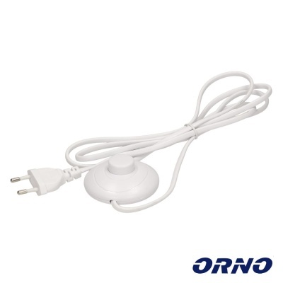Cabo elétrico branco com interruptor redondo e plugue europeu com o logótipo ORNO.