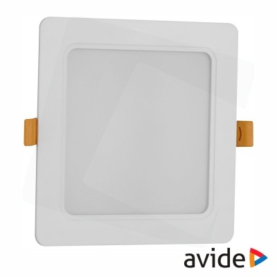Painel LED quadrado branco com suportes amarelos e logótipo avide
