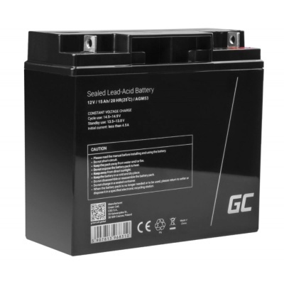 Bateria selada de chumbo-ácido preta com texto branco e código de barras