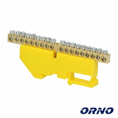 Barra de distribuição elétrica com suporte amarelo e parafusos metálicos