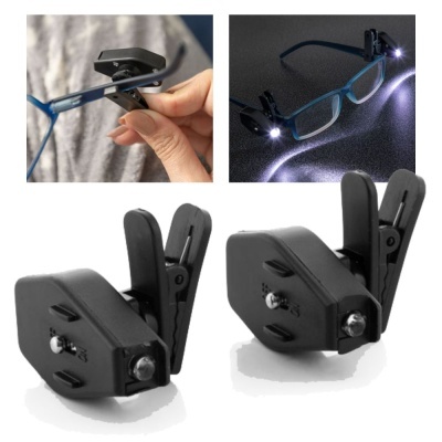 Duas luzes LED pequenas com clipes para óculos e imagens de uso com armações azuis