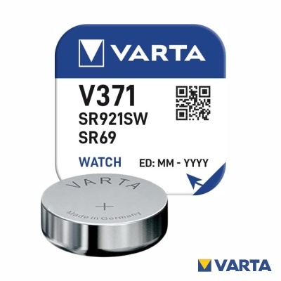 Bateria para relógio metálica Varta V371 com embalagem azul e branca.