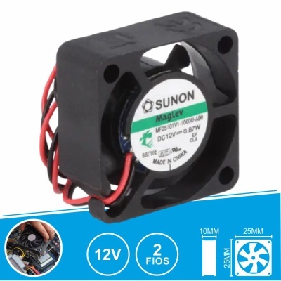 Ventoinha eletrónica Sunon preta, 12V, 25x25x10 mm, com dois fios