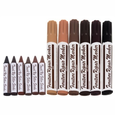 Conjunto de marcadores e lápis de cera para reparação de móveis em vários tons castanhos