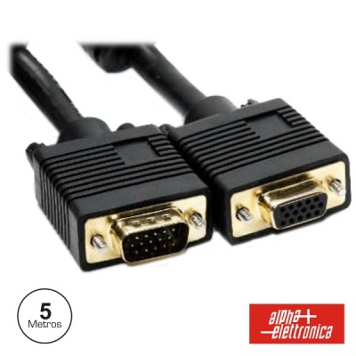 Cabo VGA com conectores preto e dourado, 5 metros, marca alpha elettronica