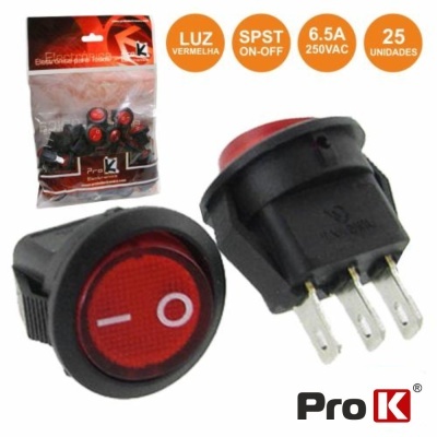 Interruptores SPST pro K preto com botão vermelho e símbolos '-' e 'O' à venda em embalagem de 25 unidades