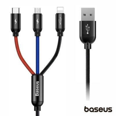 Cabo Baseus tricolor com conectores USB-C, micro USB, Lightning e USB padrão.