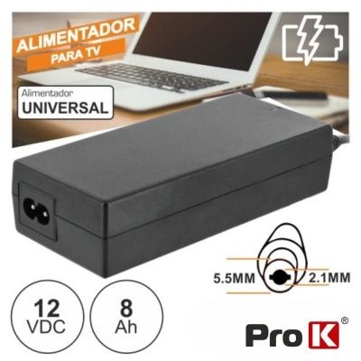 Alimentador universal preto para TV com texto e ícones explicativos