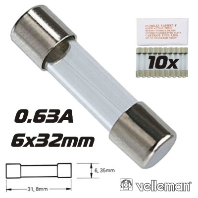 FUSÍVEL 6X32 FUSÃO RÁPIDA 0.63A (10X) VELLEMAN