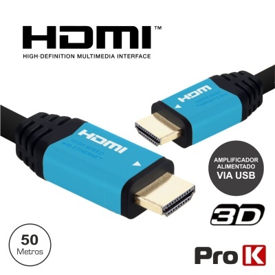 Cabo HDMI azul e preto Pro K com conetores dourados e texto HDMI