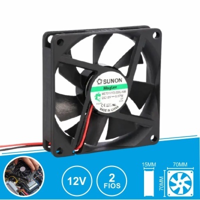 Ventoinha de refrigeração preta Sunon MagLev 70x70x15 mm com 7 lâminas e etiqueta central