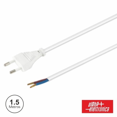 Cabo de alimentação elétrico branco com ficha tipo europeu e fios expostos.