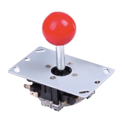 Joystick arcade com botão vermelho e base metálica prateada
