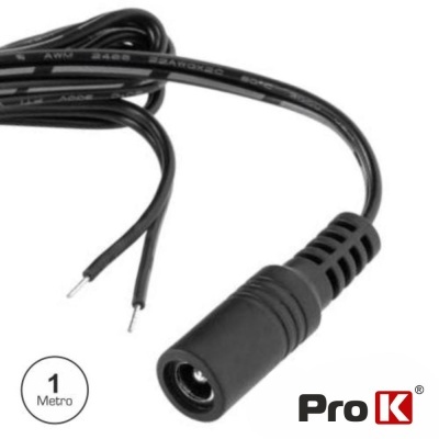 Cabo de extensão elétrica preto, ficha fêmea com terminais desencapados, 1 Metro, texto e logotipo ProK