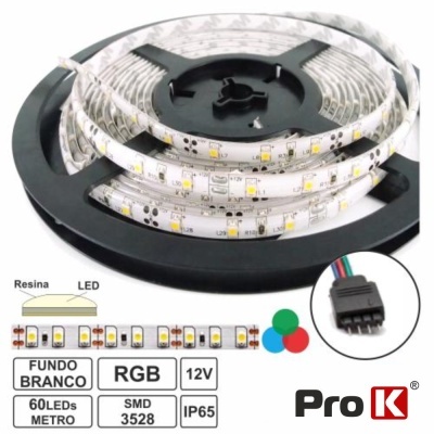 Fita LED RGB flexível em bobina com conector e especificações visíveis