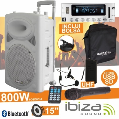 Coluna de som portátil Ibiza Sound branca, microfone sem fio, comando remoto, auricular e bolsa preta incluídos