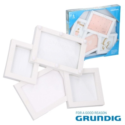 molduras brancas interligadas com luzes LED e embalagem da marca Grundig