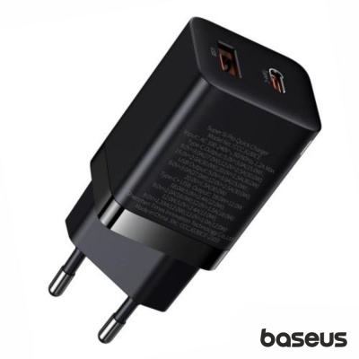 Carregador de parede Baseus preto com duas portas USB e ficha europeia