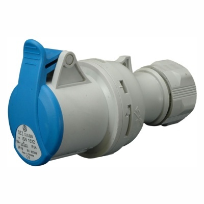 Tomada industrial cinza com tampa azul e rótulo branco