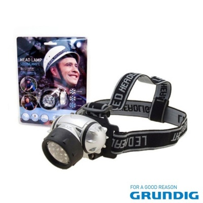 Lanterna de cabeça preta com lente frontal grande e embalagem com imagens e texto