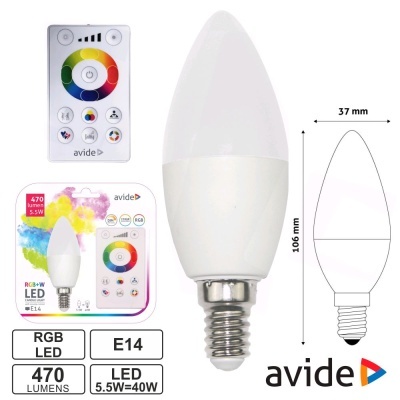 Lâmpada LED em forma de vela com base E14 e controle remoto ao lado
